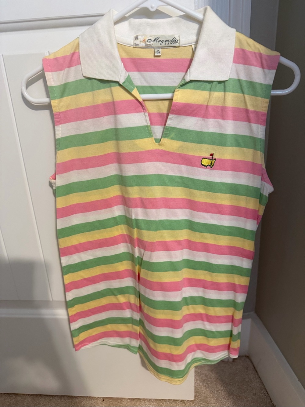 Magnolia Sleeveless Polo Top in Pastel Pink, Yellow, Green, Cream Stripes